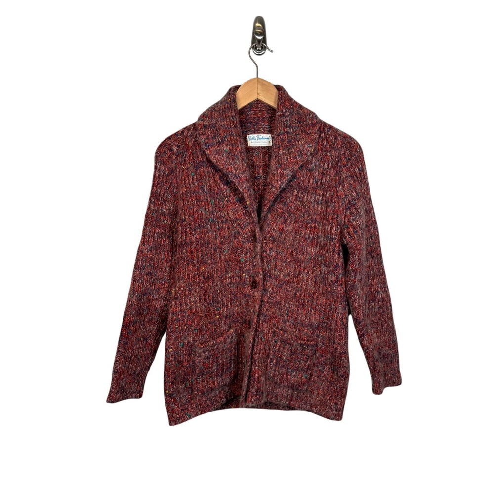 Vintage 100% Rabbit‎ Hair Cardigan Sweater Chunky Knit Tweed Aran Maroon Red